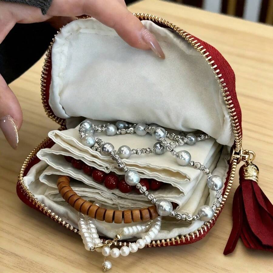 1pc Luxury Jewelry Storage Bag With Tassel Decor - Multi-Compartment Fabric Organizer For Necklaces, Bracelets, Earrings - Ideal For Travel, Gifts, Birthdays, Holidays, Travel Accessories | Elegant Jewelry Storage | Zipper Closure, Essential Jewelry Box Organizer For Women, College Dorms,Room Decor