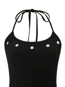 Women's Y2K Retro American Style Button Spaghetti Strap Cropped Camisole Top, Summer Casual Black - Black - View 7