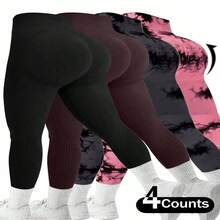 Plus Size Women's Seamless Knit Sports Leggings, Comfortable & Stretchy Activewear Bottoms For Workout & Daily Wear, Available In Multiple Colors, Pack Of 4 - 黑色+棕色+灰色+粉紅色 - 查看 1