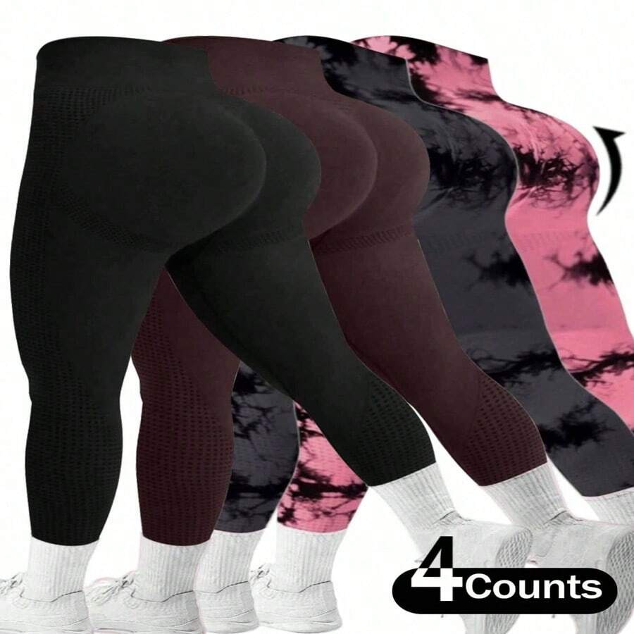 Plus Size Women's Seamless Knit Sports Leggings, Comfortable & Stretchy Activewear Bottoms For Workout & Daily Wear, Available In Multiple Colors, Pack Of 4 - 黑色+棕色+灰色+粉紅色 - 查看 1
