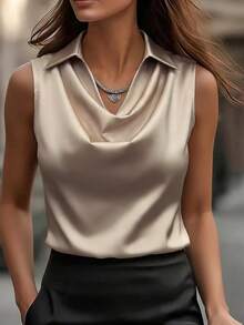 Nouveau top/débardeur ample et décontracté pour femmes en tissu satin brillant de couleur champagne unie, avec col drapé et sans manches, convient pour le printemps/été, le bureau, les sorties décontractées, les trajets quotidiens, exclusif pour les vacances, les soirées, les rendez-vous - Champagne - Voir 1