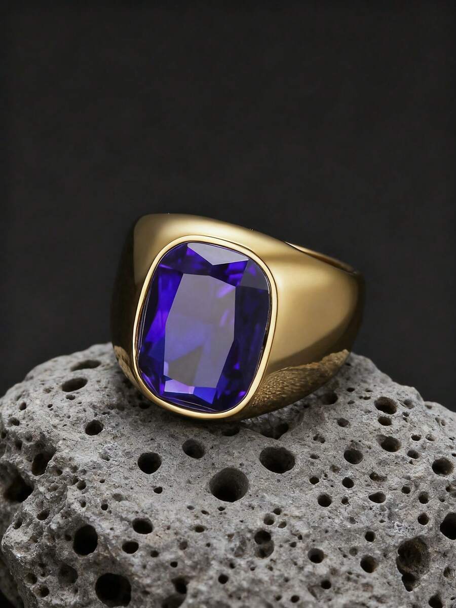 1pc Street Fashion Style Stainless Steel Wide Band Ring With Faceted Zirconia Inlay, Men's Business Party Accessory - Ring - View 1