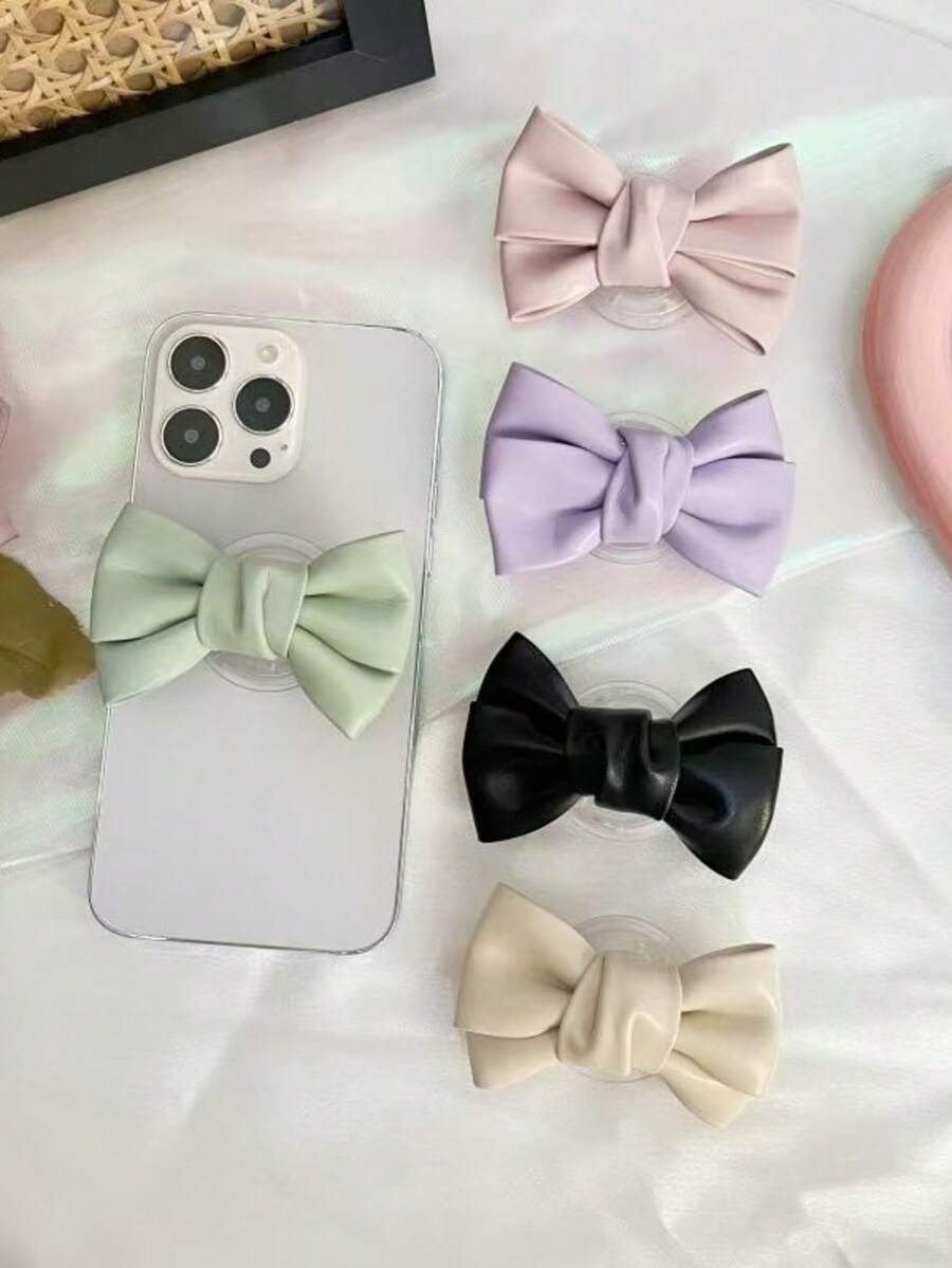Leather Bowknot Slouchy Phone Stand, Desk Mount, Adhesive & Adjustable Compatible With IPhone, Android Phone, Gift For Birthday, Family, Friends Gifts Birthday Push-Pull Phone Grip Phone Holder Phone Accessories - Multicolor - View 1