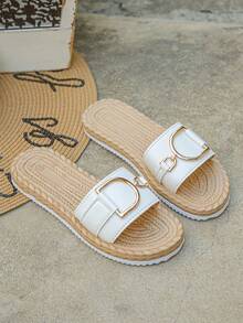 Plus Size D-Letter Metal Decor Fashion New Comfortable Lightweight Imitation Linen Rope Bottom Woven Bottom Women Low Heel Flat Sandals, Open Toe Slides, Black Sandals, Black Slippers, Suitable For Daily Indoor/Outdoor, Beach, Holiday, Elegant Beach Slippers, Black Shoes - White - View 7