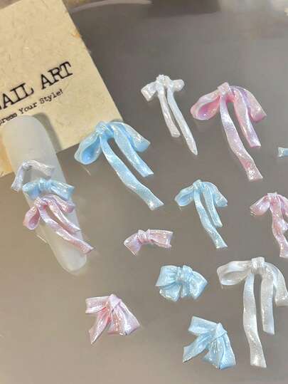 50 piezas Decoraciones de moño suaves para arte de uñas, moños perlados de colores mixtos, joyería de uñas de moño de satén 3D simple