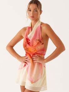 Women Halter Mini Dress Ruched High Neck Sleeveless Backless Flower Print A-Line Party Dress Vacation Beach Short Dress - 粉色 - 查看 6