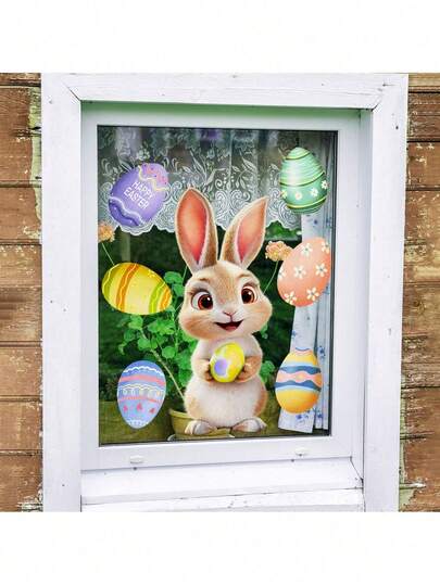 1 pieza Pegatina de ventana con diseño de huevo de conejo, Calcomanía de pared y ventana de Pascua, Pegatina de puerta de vidrio con diseño de huevo de conejo, Adecuado para decoración del hogar, oficina y fiesta