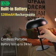 Portable LED Mushroom Table Lamp, Cordless Desk Night Light With 5200mAh Rechargeable Battery, Stepless Dimming Small Lamp With 3 Colors And Brightness Control For Bedroom/Patio/Bar/Coffee Shop - Đen-1 cái - Xem 5