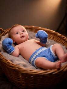 可爱婴儿拳击手套套装 新生儿摄影道具 手工编织小拳击手套短裤 影棚拍照配件 - 彩色 - 查看 4