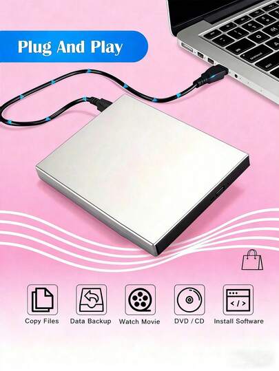 Bärbar extern CD/DVD-brännare - USB 3.0 Type-C extern DVD-ROM optisk enhet, omskrivningsbar skivbrännare, kompatibel med bärbara och stationära datorer, stöder HD-TV/bil/hemma, bärbar CD/DVD-spelare, praktisk för resor