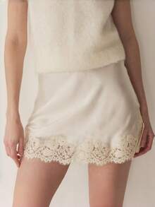 Women Lace Trim Satin Mini Skirt Y2k Lacy Skik A Line Half Silp Short Skirt Cute Low Rise Underskirt Extender Summer Going Out Club Skirts - Rượu sâm banh - Xem 7