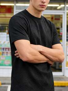 男士黑色纹理短袖T恤（1件） - 几何针织面料，精致细节，休闲街头风 - 黑色 - 查看 4