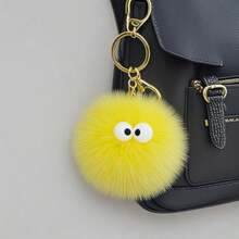 Neon Green Faux Fur Pom Pom Keychain With Googly Eyes For Bag Decoration Soft And Cute Accessory For Keys Or Backpack - As Pic - View 3