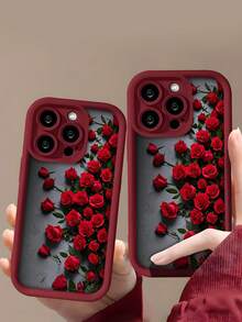 1pc Red Rose Flower On Black Cement Background, Personalized & Elegant, Compatible With Samsung, Redmi And Apple Phones, Matte Red Lens Frame Stair Design Full Coverage Anti-Drop Soft Case - Red - View 1