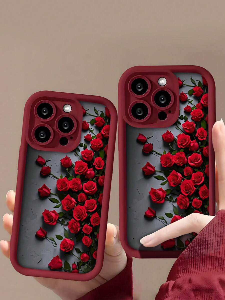 1pc Red Rose Flower On Black Cement Background, Personalized & Elegant, Compatible With Samsung, Redmi And Apple Phones, Matte Red Lens Frame Stair Design Full Coverage Anti-Drop Soft Case - Red - View 1