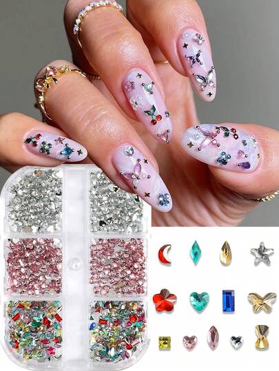6 Grids 3D Mini Colorful Flatback Nail Art Rhinestones Kit With Various Shapes Glass AB Crystals Gemstones Pink And Clear Glass Heart-Shaped Flat-Bottomed Diamonds DIY Craft Decoration Tools For Face, Clothes And Nails Nail Charms Nail Supplies