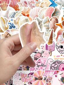 50pcs Seashell Stickers, Pink Personalized DIY Decal, Water Bottle Stickers, Vinyl Waterproof Cute Aesthetic Stickers, Laptop Phone Skateboard Stickers For Teens Girls Kids - Black - View 3