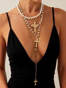 4 Peças Colar Y com Crucifixo Vintage Dourado e Pingente de Nossa Senhora, Colar Multicamadas de Pérolas, Adequado para Uso Diário e Festivo de Mulheres, Presente de Festival - Multicolorido - Visão 1