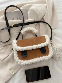 Plush Handbag Shoulder Crossbody Satchel Bag - Brown - View 4