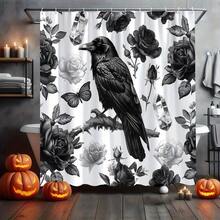 1Pc Gothic Crow & Floral Shower Curtain, Black & White Botanical Print, Machine Washable Polyester With 12 Hooks, Modern Elegant Bathroom Decor, Smooth Texture Fabric For Stylish Home Aesthetics, Bathroom Decor And Accessories - 顏色2 - 查看 2
