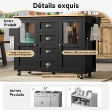 Kitchen Island Unit, Kitchen Cabinet, Sideboard, 120x73 (45) X 93cm, Sliding Kitchen Trolley With Wheels, Towel Rack, Spice Rack, Adjustable Shelf, Two Doors, Four Drawers, Black And White - Black - View 2