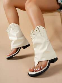 Women's Sandals 2026 Summer New Fashion Versatile Rivet Chunky Heel Thong Sandals, Personalized Roman High-Top Sandals - Beige - View 2