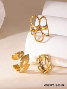 GEREIT Bộ 3 chiếc nhẫn bằng thép không gỉ 18K thiết kế hoa, lá, sóng, thích hợp cho nữ đeo hàng ngày, quà tặng Ngày của Mẹ. - Vàng - Xem 4