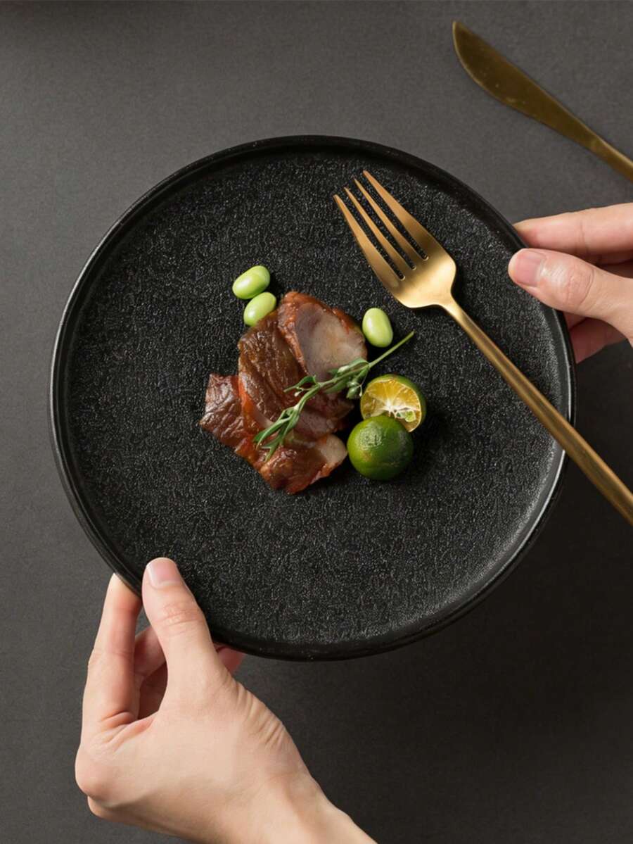 2pcs 8-Inch Ceramic Dinner Plates, Matte Textured Black Ceramic Plates, Dessert/Salad/Steak Plates, Suitable For Restaurants, Home, Parties