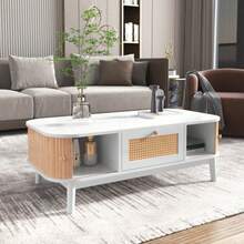 Coffee Table - Rattan Coffee Table, Drawers With Rattan And Sliding Doors With Solid Wood Slats, Solid Wood Legs, Natural Country Style.