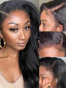 Yaki Straight Transparent Lace Front Wigs 13*4 Lace Front Wigs 4C Edges Curly Human Hair Wigs Kinky Straight Wig With Pre Plucked Baby Hair For Women Natural Hairline Natural Black 180 Density - Natural Black - View 2