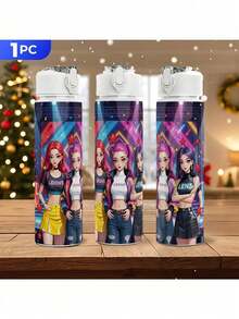 1个K-POP塑料水瓶，卡通印花设计，翻盖式，可重复使用，轻便防漏，适合跑步旅行饮用，可作为生日、圣诞节、万圣节、感恩节礼物 - 彩色 - 查看 4