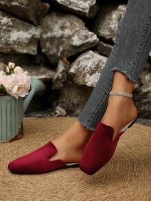 Women's Fashion Square Toe Suede Slip-On Mules, Backless Flat Slouchy Slippers For Spring/Summer - Burgundy - View 3