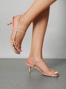 Women Kitten Low Heel Sandals Square Open Toe Ankle Strap Party Wedding Dressy Heeled Sandals - Nude - View 3