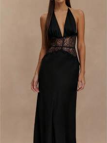 Women's Off Shoulder Halter Sheer Lace Splicing Maxi Dress Deep Plunge Neck Backless Bodycon Evening Formal Dress - Black - View 1