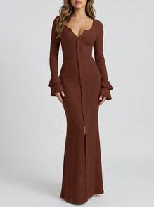Sedessea Women's Fashion Jacquard Plaid Maxi Dress, Fitted Silhouette, Front Slit Button, Long Sleeve, Elegant Suitable For Spring, Autumn & Winter - Redwood - View 2