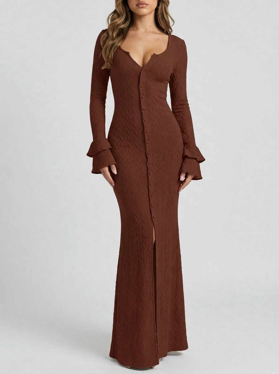 Sedessea Women's Fashion Jacquard Plaid Maxi Dress, Fitted Silhouette, Front Slit Button, Long Sleeve, Elegant Suitable For Spring, Autumn & Winter