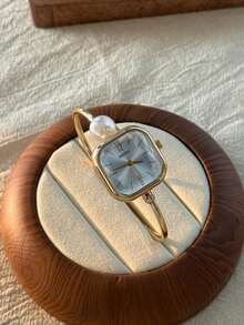 1 pieza Reloj de pulsera de moda casual con diseño ovalado, esfera verde, tonos plateado y dorado para mujer - Dorado - Ver 3