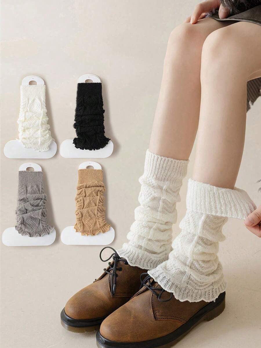 4 Pairs Women Floral Lace Ruffle Diamond Pattern Leg Warmers, Thick Winter Leg Warmers (Socks Not Included) - Multicolor - View 1