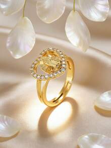 1枚18K镀金镶嵌锆石3D立体精美圣母玛利亚圣像可调节戒指，时尚宗教文化魅力饰品，女士佩戴