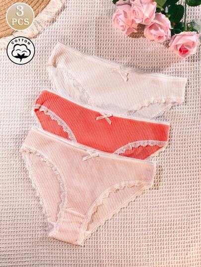 3pcs Women's Multicolor Sexy Lace Trim Hipster Panties