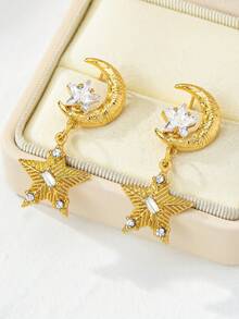 1 Pair Star & Moon Earrings, Unique Niche Design, Elegant Luxury Aesthetic, Suitable For Eid Festival, Cute & Delicate Earrings - Yellow Gold - View 1