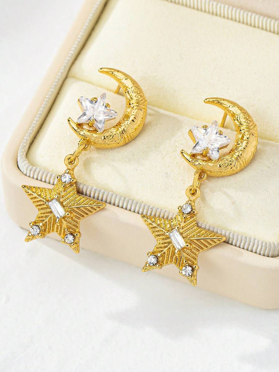 1 Pair Star & Moon Earrings, Unique Niche Design, Elegant Luxury Aesthetic, Suitable For Eid Festival, Cute & Delicate Earrings - Yellow Gold - View 1