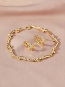Women's Gold Cross Jewelry Set - Cubic Zirconia Bracelet And Hoop Earrings, Fashionable Faith-Inspired Everyday Accessories - Gold - View 4