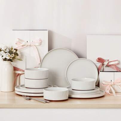MALACASA 12-Piecee Porcelain Dinnerware Set, Dinner Plate, Dessert Plate And Bowl Set For 4 Person, White, Vertical Edge