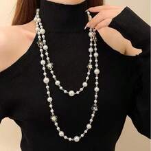 1pc Fully Rhinestone & Pearl Decor Long Necklace, Fashion Versatile Sweater Chain, Suitable For Dress, Suit, Party, Evening Wear - Multicolor - View 6