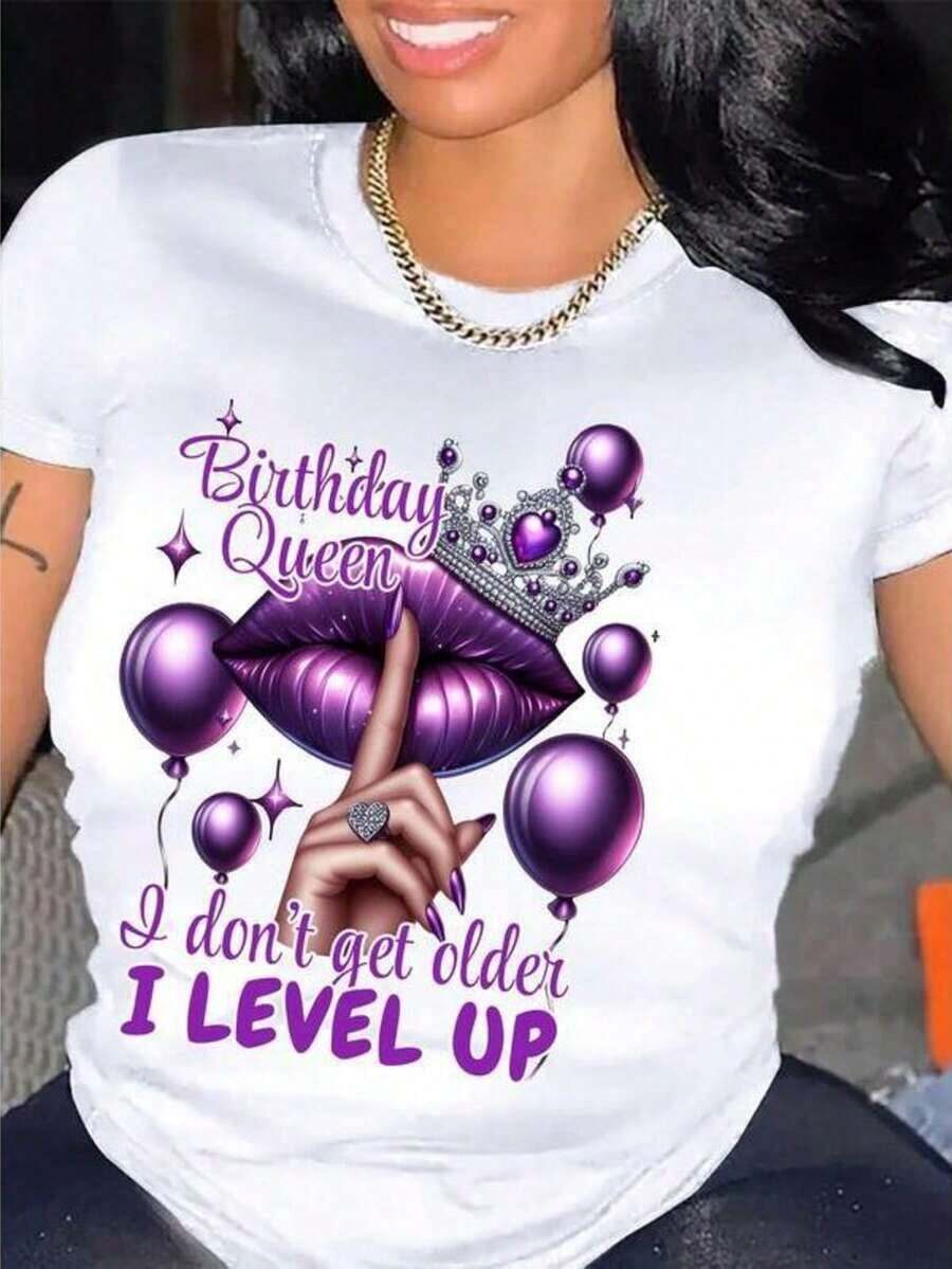 Queen's Birthday Queen Pattern T-Shirt, 100%Cotton, Casual Round-Neck T-Shirt With Balloon And Lip Print, Regular Length, Knitted Fabric, Suitable For All Seasons, Allseason Top |   Humorous Design |   Medium Elasticity{S-4xl}Relaxed Plus Size T-Shirt - Màu tím - Xem 1
