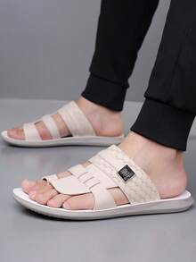 男士夏季新款魔术贴装饰皮革拼接纯色沙滩凉鞋，时尚休闲阿拉伯风格拖鞋 - 米色 - 查看 5