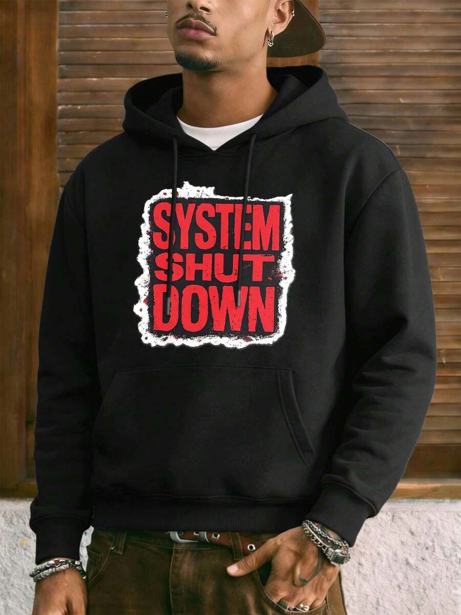 Sweat-shirt à capuche imprimé << System Shutdown », printemps, tissu premium, maille courte, respirant, style streetwear hip-hop, imprimé artistique - Noir - Voir 1