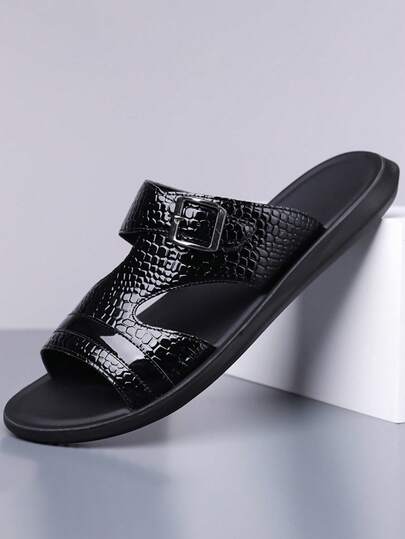 Plus Size Men's New Fashion Glossy Leather Patchwork Beach Sandals, Casual Summer Slippers