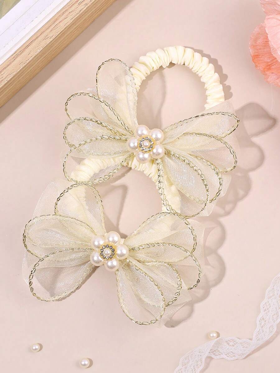 2pcs Beige Mesh Hair Tie For Girls Pearl Rhinestones Decor Scrunchies Glossy Hair Elastic Band Elegant Hair Ring Party Daily Festival Ponytail Holders Teens Hair Accessories - Beige - View 1